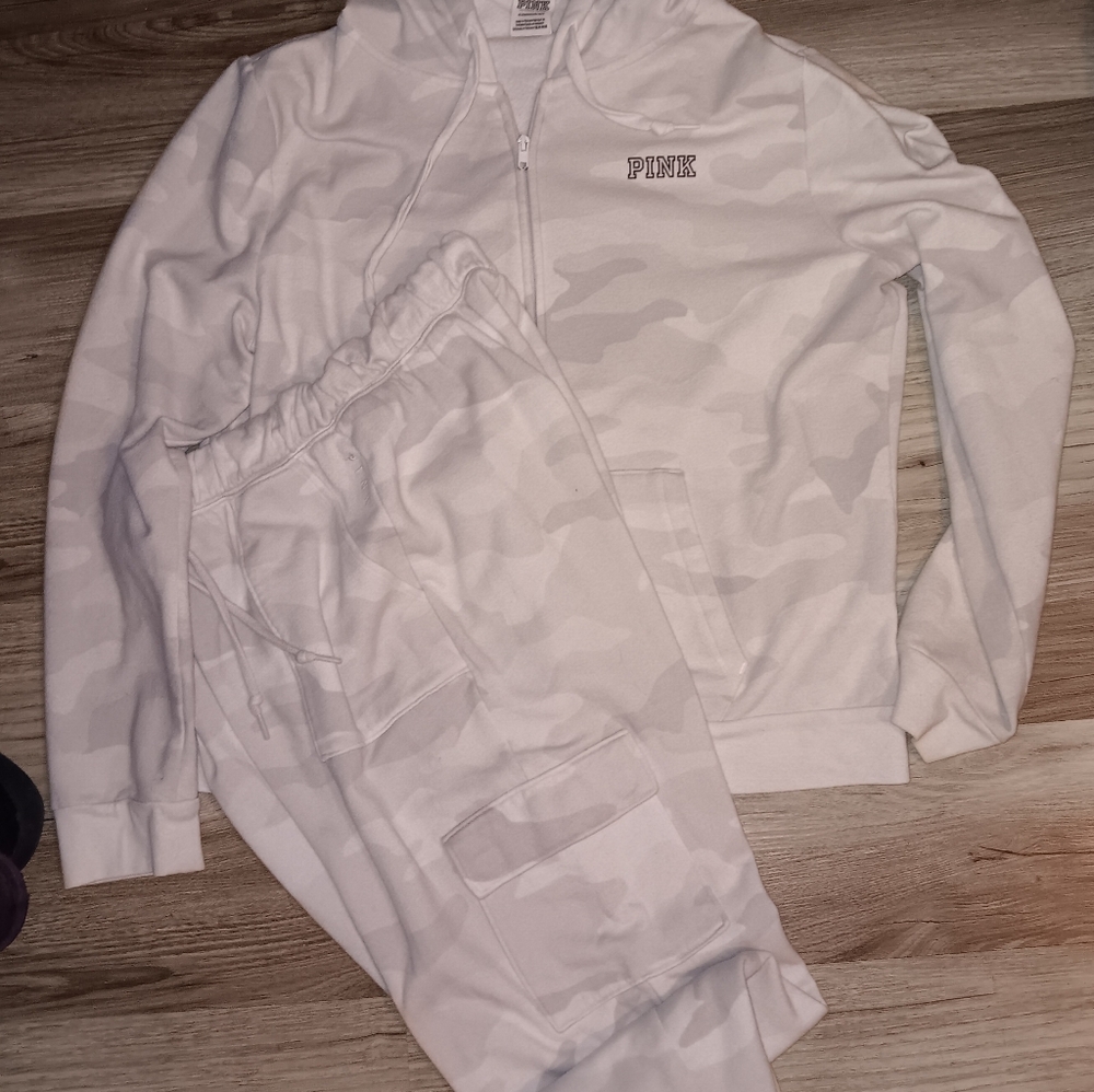 PINK Victoria's Secret White Camo Medium Cargo Joggers and XL Full Zip Hoodie
